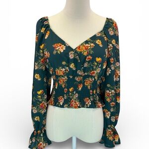 No Frills Los Angeles Women's Green Floral Smocked Waist Blouse Size M